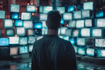 Foto op Aluminium Media-driven reality: man encircled by screens depicting digital content © Oleksandr