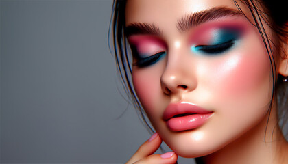 Close-up de una mujer con sombra rosa con azul como maquillaje. Espacio para copia - obrazy, fototapety, plakaty