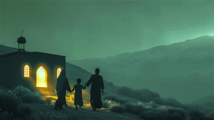 Muslim family Go to pray to a little Mosque in the meadow hill at misty early morning - obrazy, fototapety, plakaty