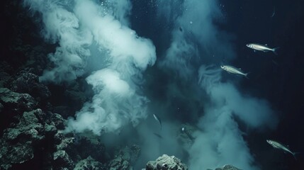 A school of sleek silver fish dart in and out of the steamy bubbles rising from the seafloor near the lava flow seeking out nourishment and shelter in this otherworldly landscape.