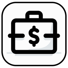 Minimalist illustration with outline. Executive briefcase with dollar sign in the center in black and white. Briefcase of money, finances, fortune