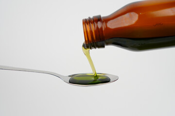 Liquid medicine pouring from a bottle on a spoon concept background