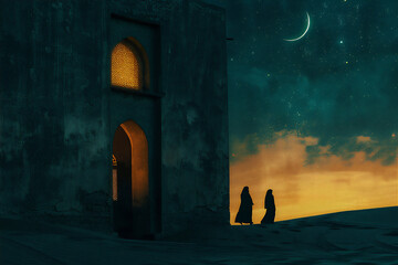 Muslim Family Go back from the Mosque in the desert at night with stars and crescent moon