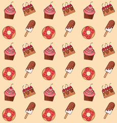 Cartoon hand drawn sweet food set art. Cute seamless pattern ice cream, donuts, cakes, cupcakes. Sweets collection, sweet food set decoration pattern design