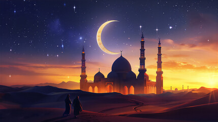 Muslims Go to pray to the Mosque in the desert at night with stars and crescent moon
