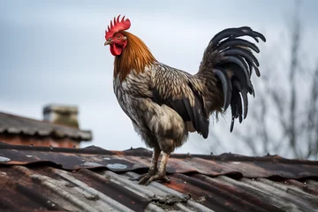Foto auf Acrylglas Rooster on a Roof, chicken on roof, rooster chicken sitting on a roof in the morning © MrJeans