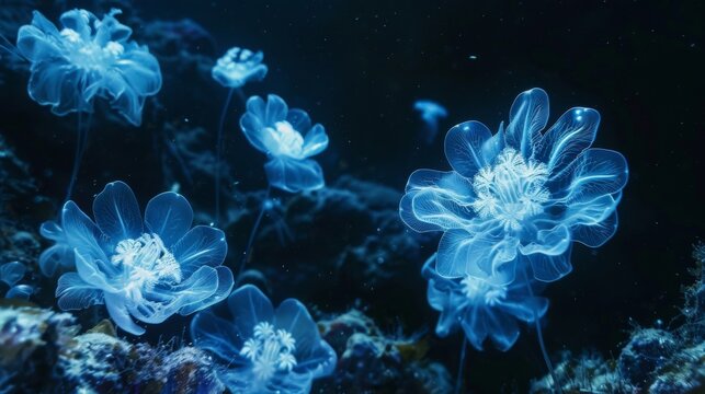 In the inky blackness of the oceans depths an otherworldly light glimmers. Closer inspection reveals a mesmerizing landscape of phosphorescent jellyfish and blooming anemones