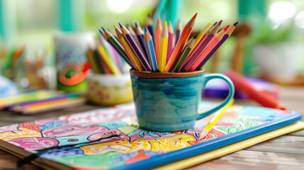 A doodlecovered notebook and a cup of freshly shard pencils p on a desk representing the creative expression and learning that comes with the school season. - obrazy, fototapety, plakaty