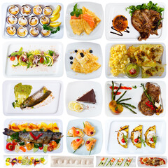 Set of various tasty meals isolated on a white background, nobody