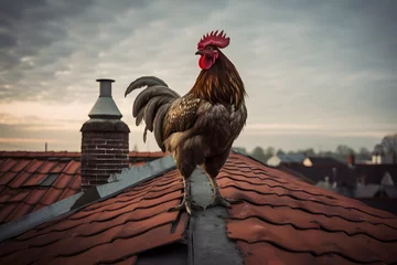 Foto op Plexiglas Rooster on a Roof, chicken on roof, rooster chicken sitting on a roof in the morning © MrJeans