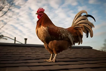 Fotobehang Rooster on a Roof, chicken on roof, rooster chicken sitting on a roof in the morning © MrJeans