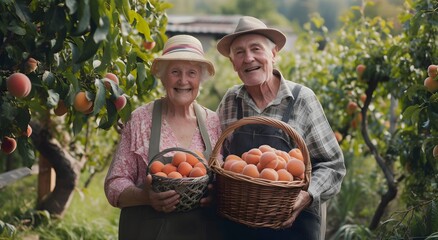 happy elderly couple harvesting fruits, apples in a basket, orchard, apple garden in the background - obrazy, fototapety, plakaty