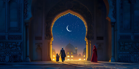 Muslim Family Go to Mosque at night with stars and crescent moon