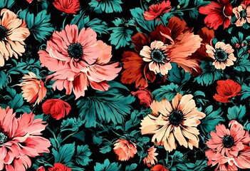 Fototapeta na wymiar Beautiful seamless floral pattern. Colorful floral pattern on black background