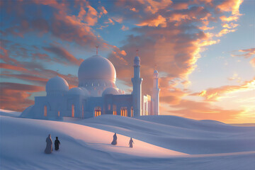 Muslim Family Go to Mosque to pray at sunset - obrazy, fototapety, plakaty