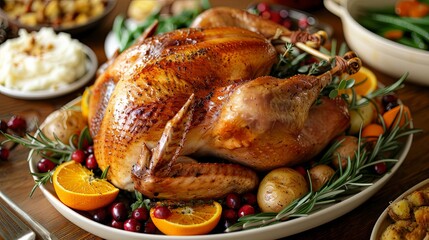 Close-up of a golden-brown turkey on a platter - obrazy, fototapety, plakaty
