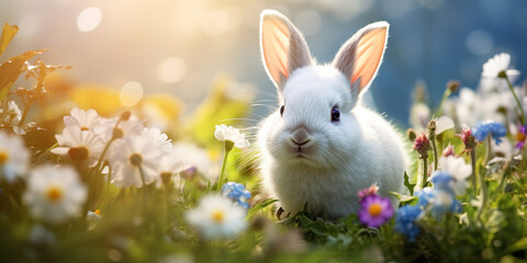 Easter bunny rabbit in meadow with spring flowers. Happy Easter holiday background