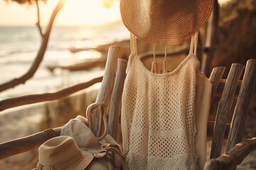 Tranquil beach scene at sunset with stylish hats and a bag on a wooden chair - obrazy, fototapety, plakaty