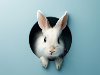 Obraz premium a cute realistic white rabbit peeking through a hole on a blue background. The hole is round and has black edges. The background is light and uniform blue.