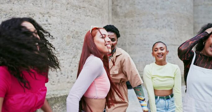 Friends, women and dancing outdoor, happy and fun with gen z student group, celebration and social gathering. Energy, dancer and diversity with excited people, music and entertainment at college