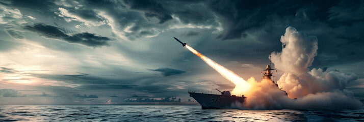 Missile Launch from Warboat or Warship Navy Destroyer in Military Special Mission Wide Banner War Theme - obrazy, fototapety, plakaty