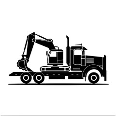 Lowboy Truck Hauling An Excavator Logo Design