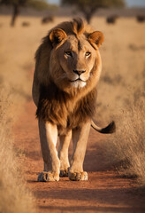 Naklejka premium The king of the savannah the lion rests at sunset