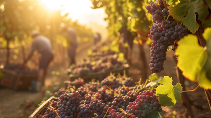 In the soft glow of sunset, a close-up reveals a bountiful grape harvest underway in the vineyard,...