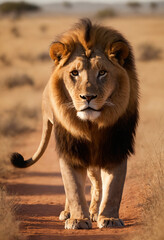 Obraz premium The king of the savannah the lion rests at sunset