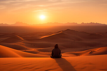 Fototapeta na wymiar person sitting on dune in the desert, sitting on a dune in the desert, desert dune