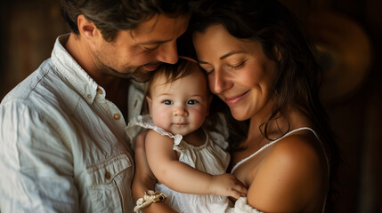 A newborn is cradled in a loving embrace by her parents, capturing an intimate and tender family moment.