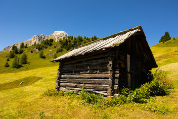 Tranquil peaceful landscape of green mountain valley bathed in summer sun with rustic wooden cabins in Dolomites ..