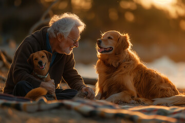 the oldman and his dog enjoying a picnic at the beach, sharing laughter and love