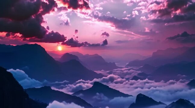 mountains filled with mist and purple skies