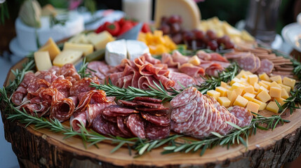 A colorful spread of organic meats and cheeses sourced from local farms and displayed on a rustic wooden platter inviting guests to savor each unique flavor. - Powered by Adobe