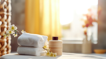 Fototapeta na wymiar Spa Day Serenity. Crisp white towels and a ceramic bottle with delicate flowers in a serene spa setting, inviting relaxation and tranquility.