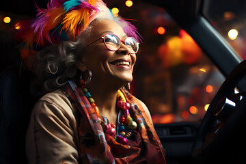 Joyful Drive in the City Lights.
An exuberant senior woman enjoys a car ride, her face lit by the city's vibrant lights, perfect for themes of joy, aging positively, and urban lifestyle.