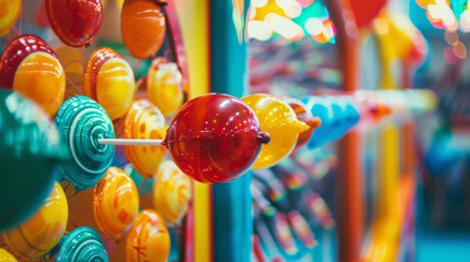 A display of carnival themed games such as ring tossing and balloon darts providing entertainment for both children and adults during Carnival parties. - obrazy, fototapety, plakaty