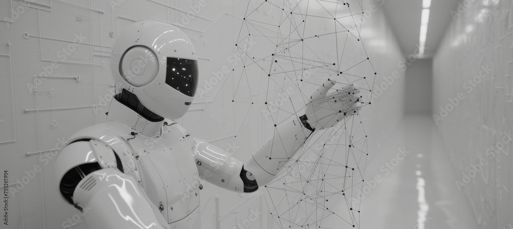 Poster white robot in digital network with floating dots and lines, 3d rendering, space for text placement.