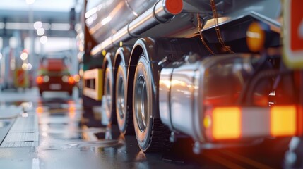 A macro shot of a tanker truck filling up with fuel at the factorys loading dock demonstrating the speed and efficiency of their production process. - obrazy, fototapety, plakaty