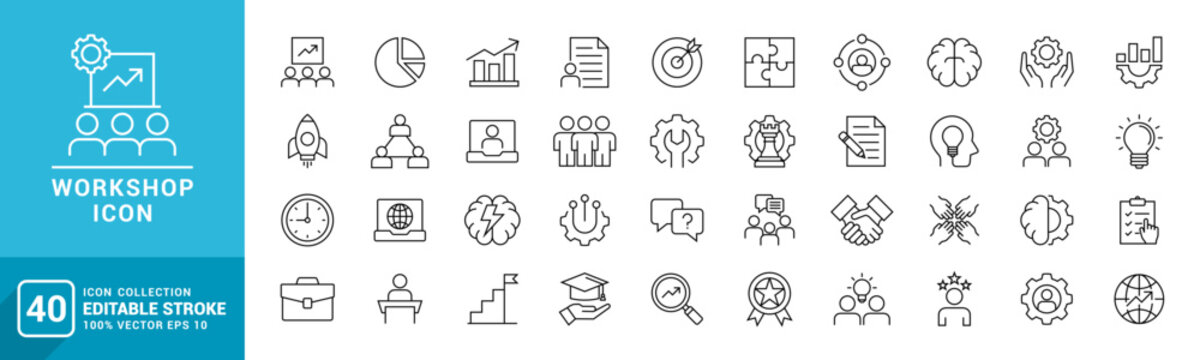 Collection of workshop icons, business, meeting, presentation, success, innovation, vector template editable stroke EPS 10