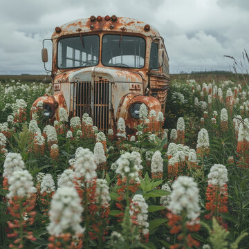 The field of reed flowers, the bus on the dike, is vast