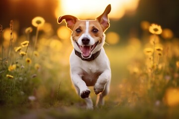 A cheerful Jack Russell Terrier with his mouth open and his tongue sticking out. with a collar running in a field of flowers - obrazy, fototapety, plakaty