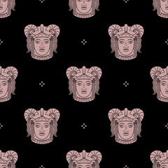 Seamless vintage pattern with antique masks. Head of a warrior woman or goddess wearing helmet. Monochrome pink silhouettes on black background.