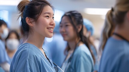 A group of students dressed in scrubs gathered in a hospital setting as they shadow doctors and observe reallife medical procedures.