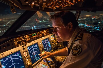Pilot works with control console during flight. in modern airplanes - obrazy, fototapety, plakaty