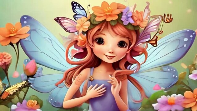 cute cartoon Flower Fairy with butterflies, motion