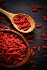 Top view of wooden spoon filled with delicious colorful goji berries