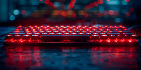 Glowing Gamer's Gear  Backlit Keyboard Detail in Darkness - obrazy, fototapety, plakaty