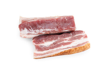 Pieces of raw pork belly isolated on white, top view